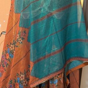 Teal and Orange Floral Patterned Sari